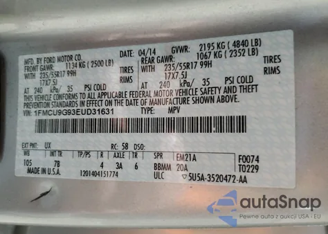 2014 Ford Escape Se z USA, uszkodzony, nr VIN 1FMCU9G93EUD31631